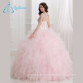 Sequined Beading Crystal Ruffles Pink Quinceanera Robes Ball Gown